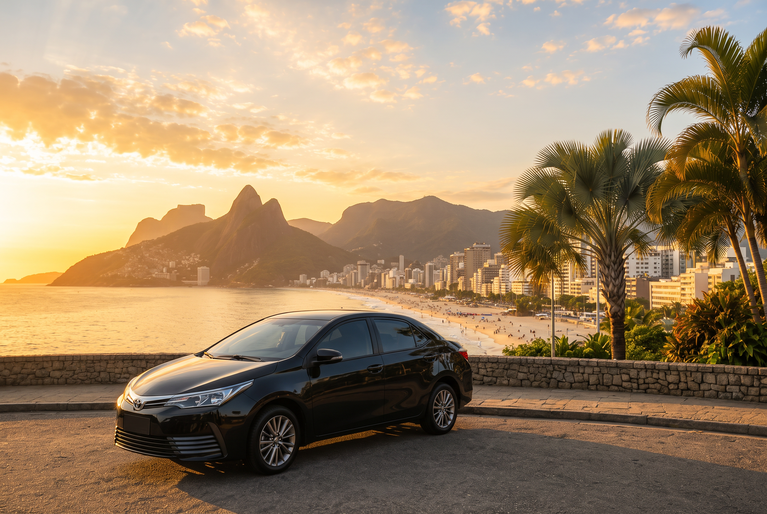Sedã executivo preto em mirante do Rio de Janeiro, com Dois Irmãos, a praia e a orla ao fundo no fim da tarde