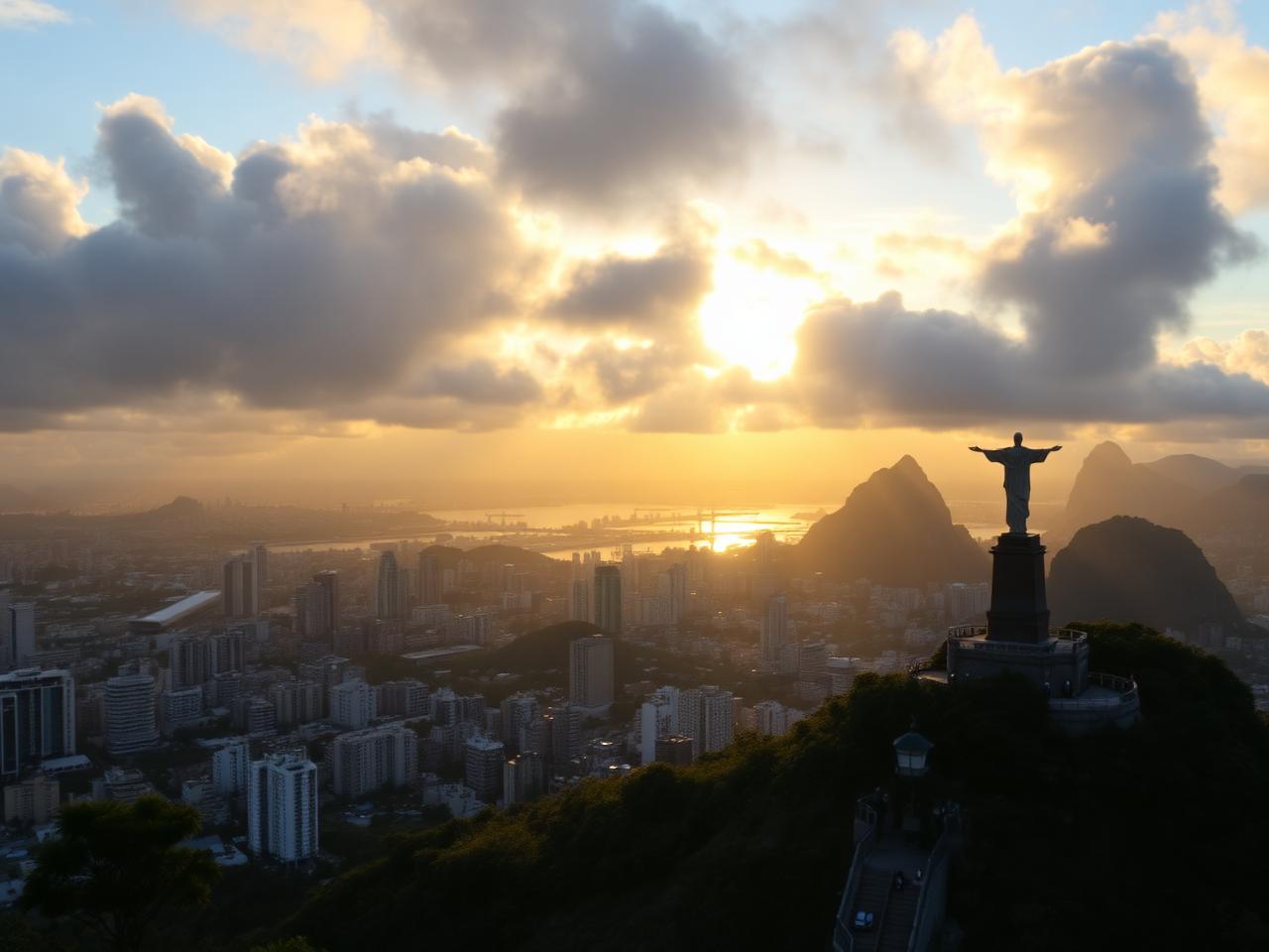 Cristo Redentor com vista panorâmica do Rio de Janeiro ao fim da tarde