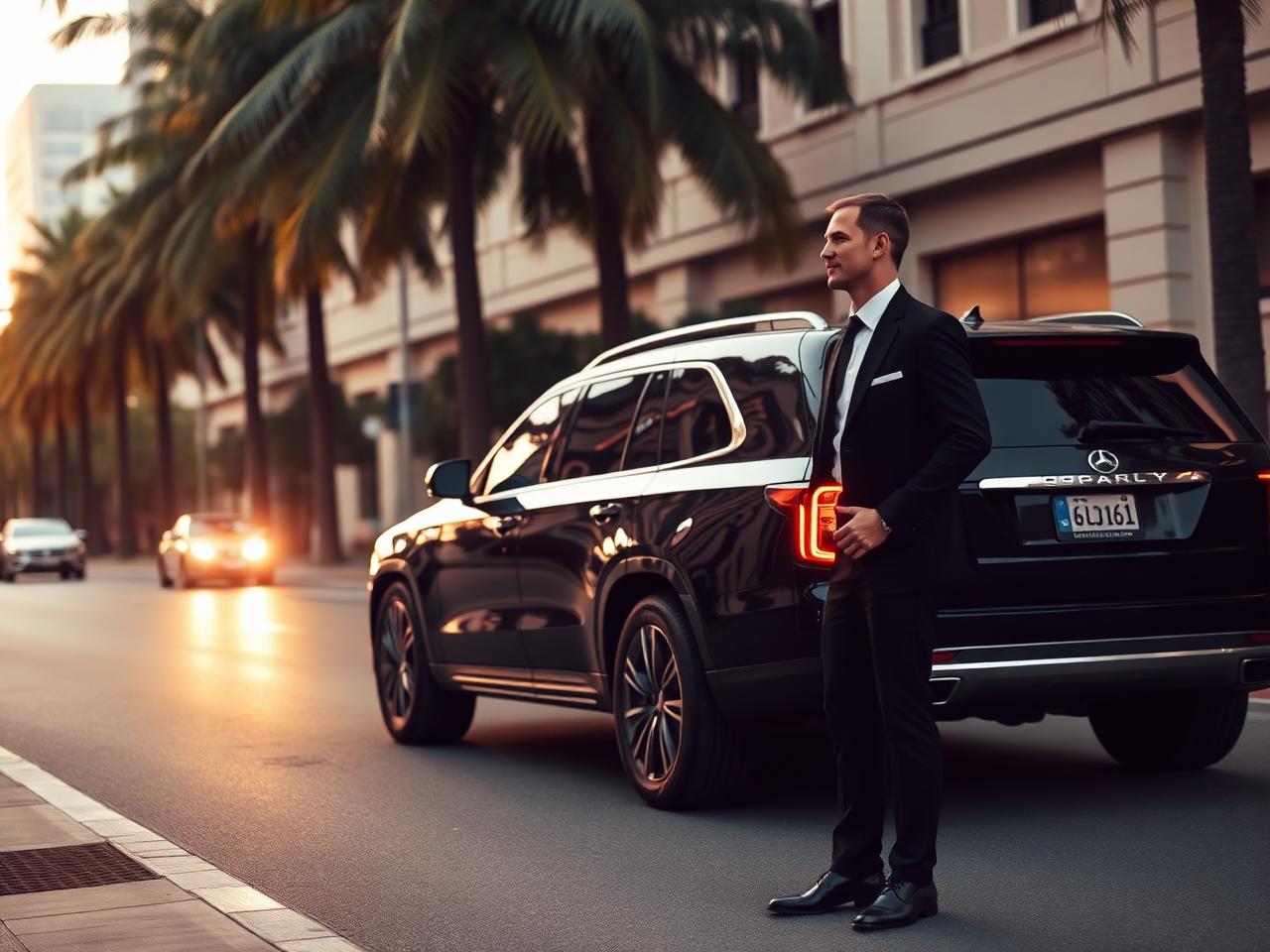Motorista aguardando ao lado de SUV preto em rua arborizada do Rio de Janeiro