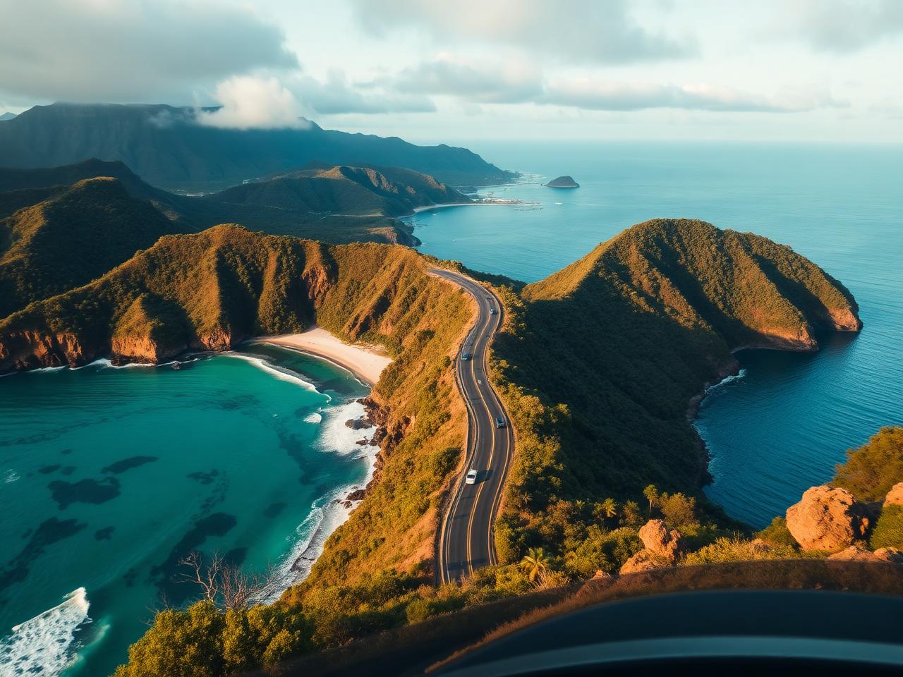 Estrada litorânea entre montanhas verdes e mar azul no litoral do Rio de Janeiro
